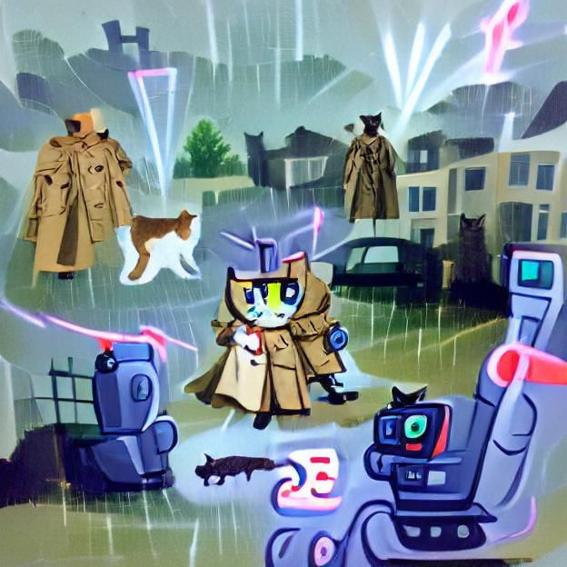 Cat Detective vs Time Robot in Rainy Alley