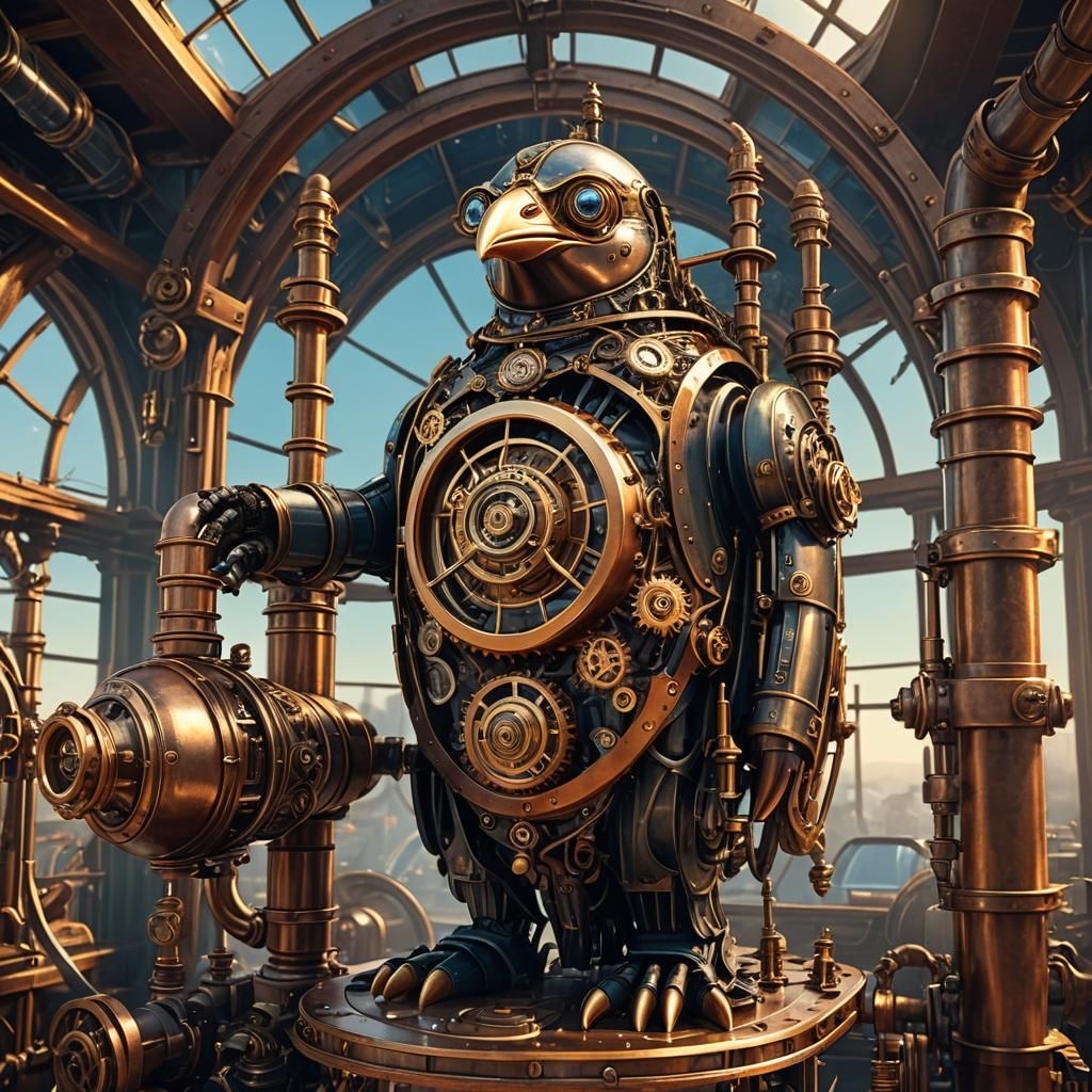 Steampunk Penguin Powers a Victorian Engine