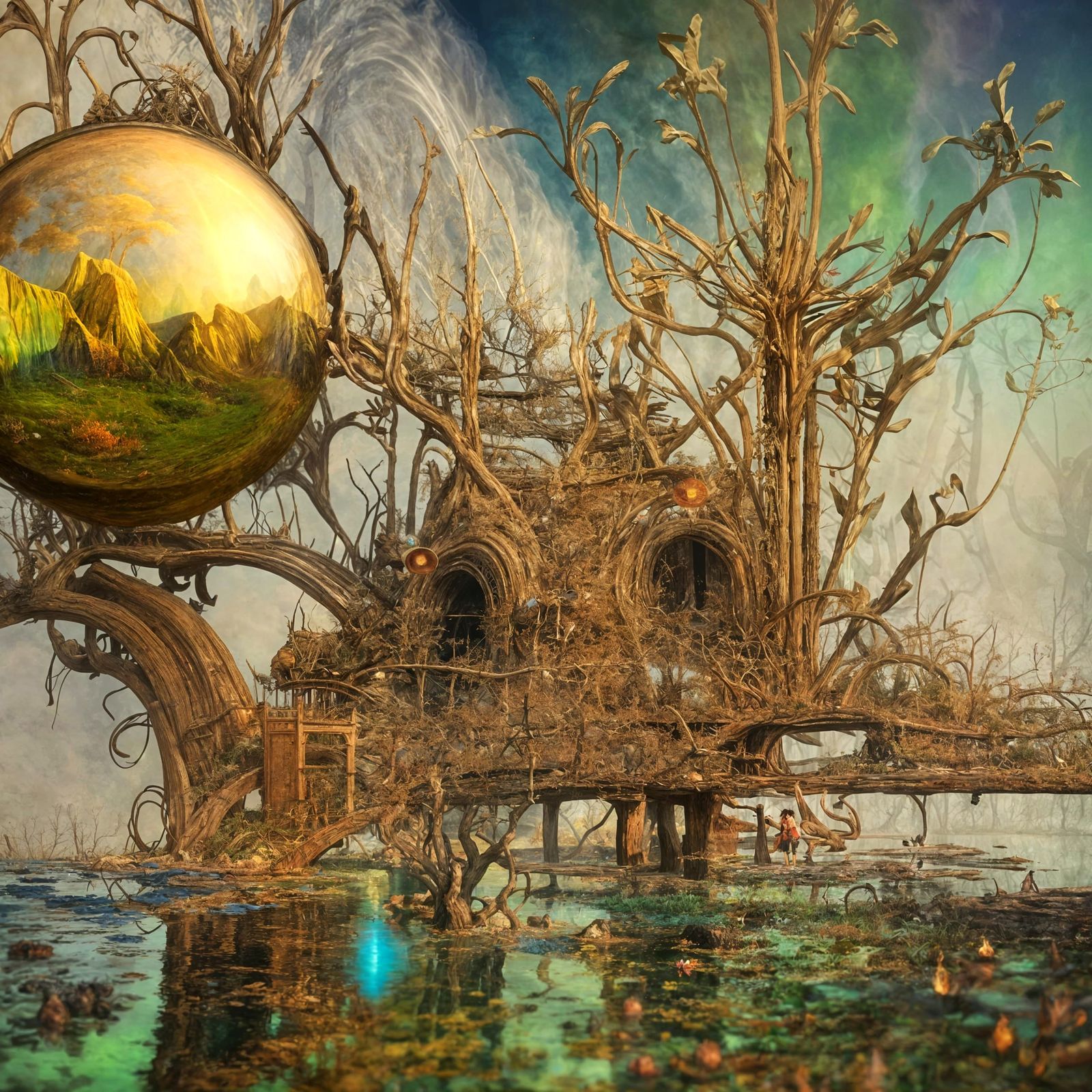 Erupting Pond in Summer: Biopunk Illustration