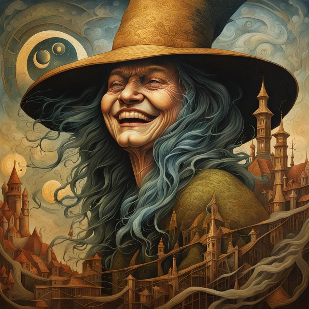 Laughing Witch Portrait in Hyperrealistic Style