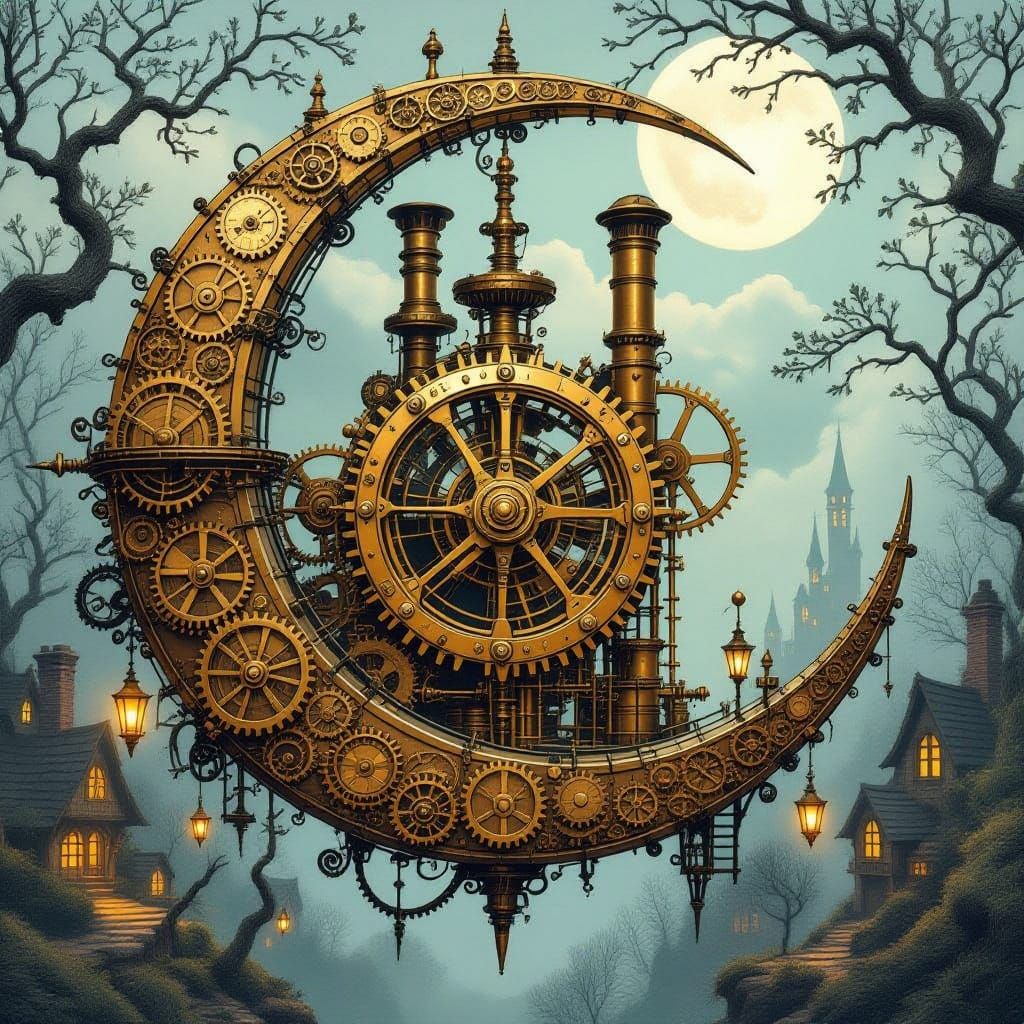 Steampunk Printing Press on Crescent Moon
