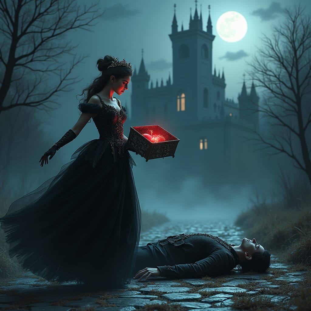 Cinderella Flees Gothic Castle in Haunting Moonlit Scene