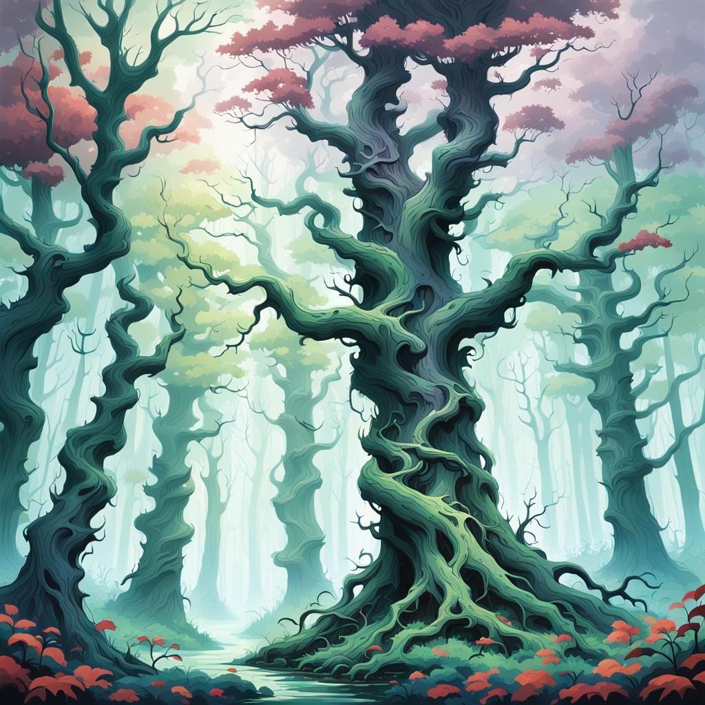 Haunting Mist-Shrouded Forest with Twisted Trees