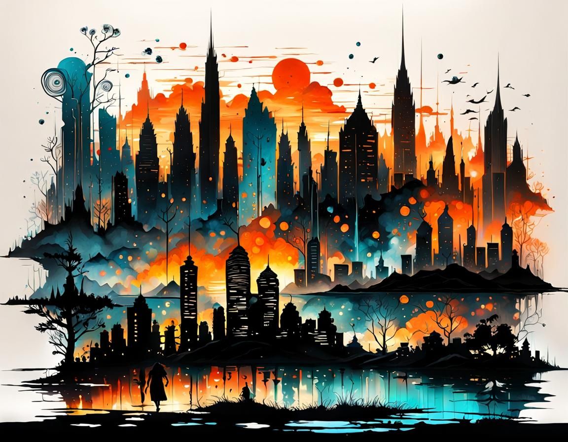 Colorful Cityscape Silhouette with Bioluminescent Sunset