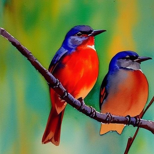 Watercolor Birds in Complementary Colors