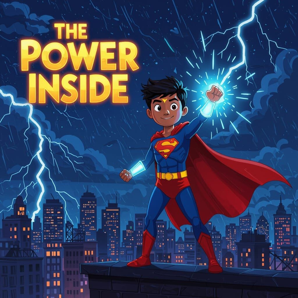 Superhero Boy with Blue Energy in Cartoon Style