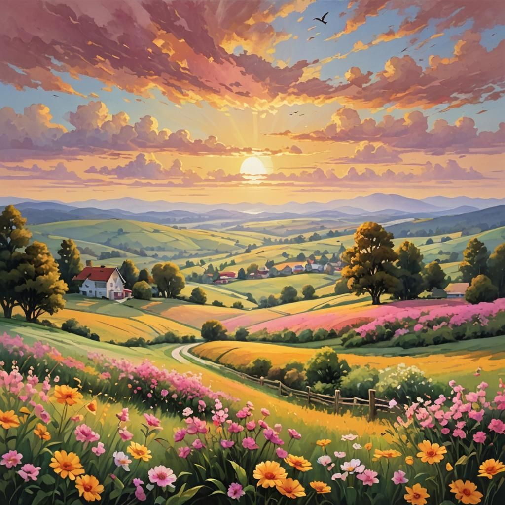 Golden Sunrise Over Tranquil Blooming Landscape