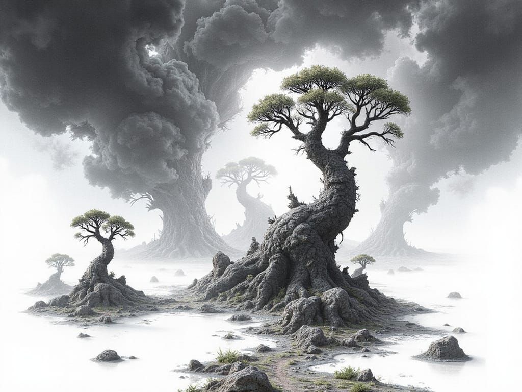 Mystical Fractal Landscape with Trees