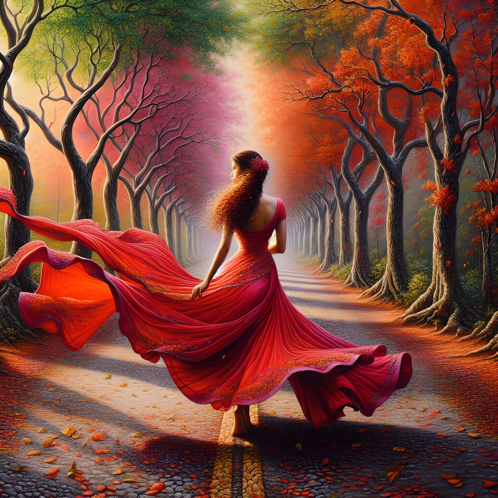 Woman in Red Dress on Windy Path