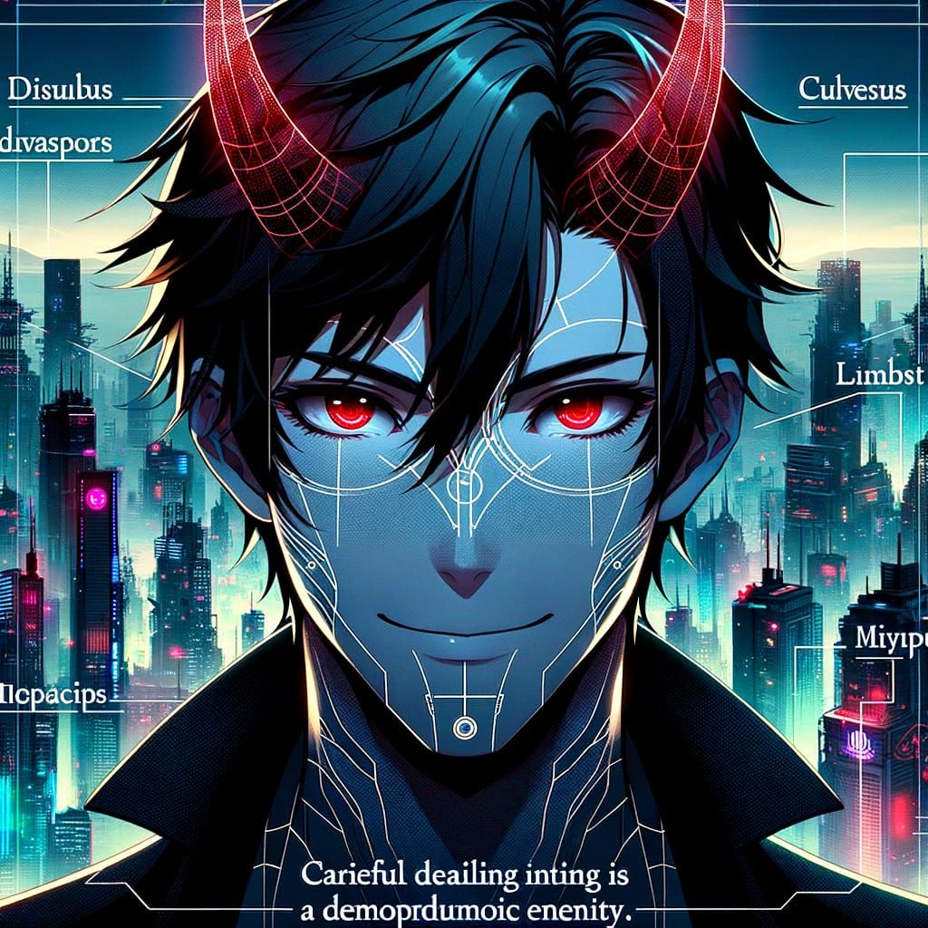 Cyberpunk Incubus With Red Eyes and Neon Cityscape