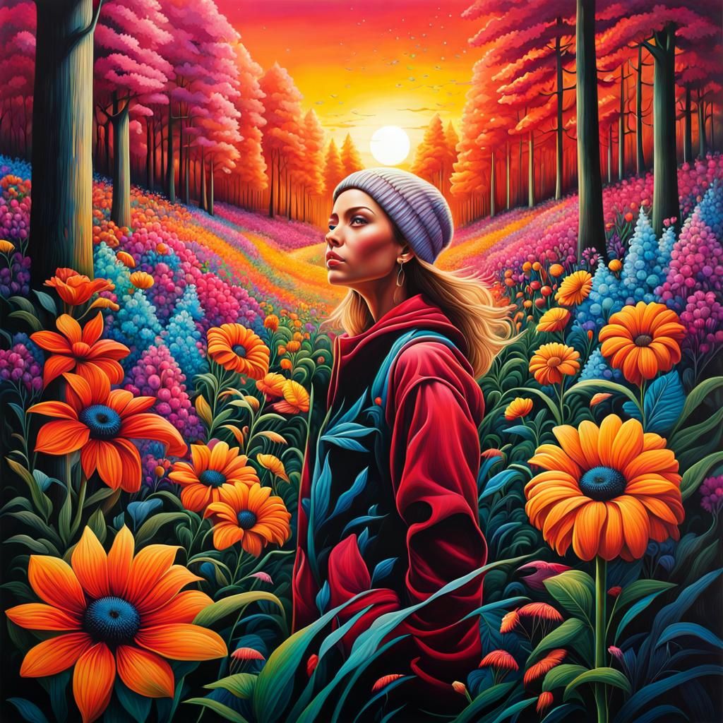 Sunset Graffiti Art: Women in Flower Fields
