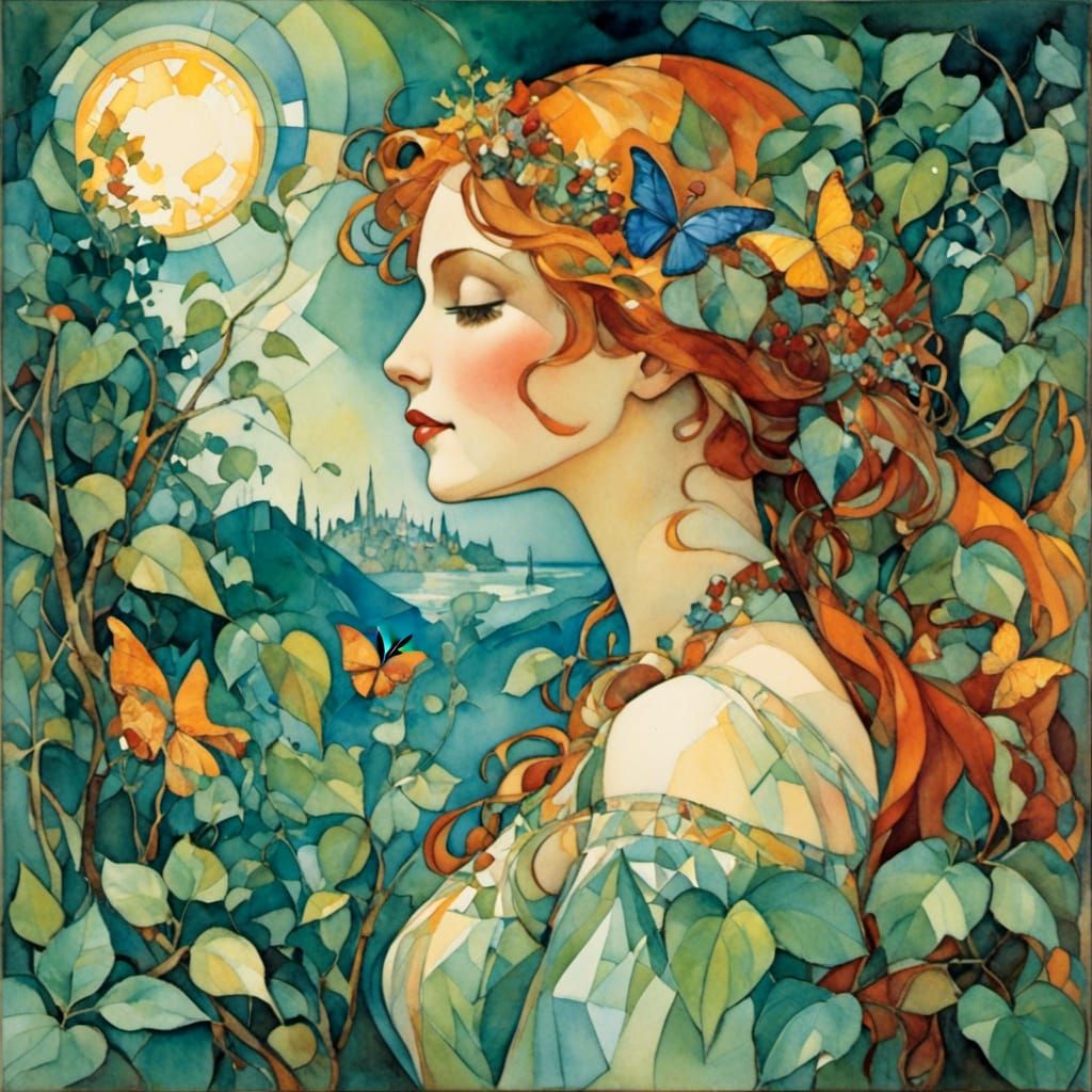 Watercolor Portrait with Burnt Edges in Cubist Style