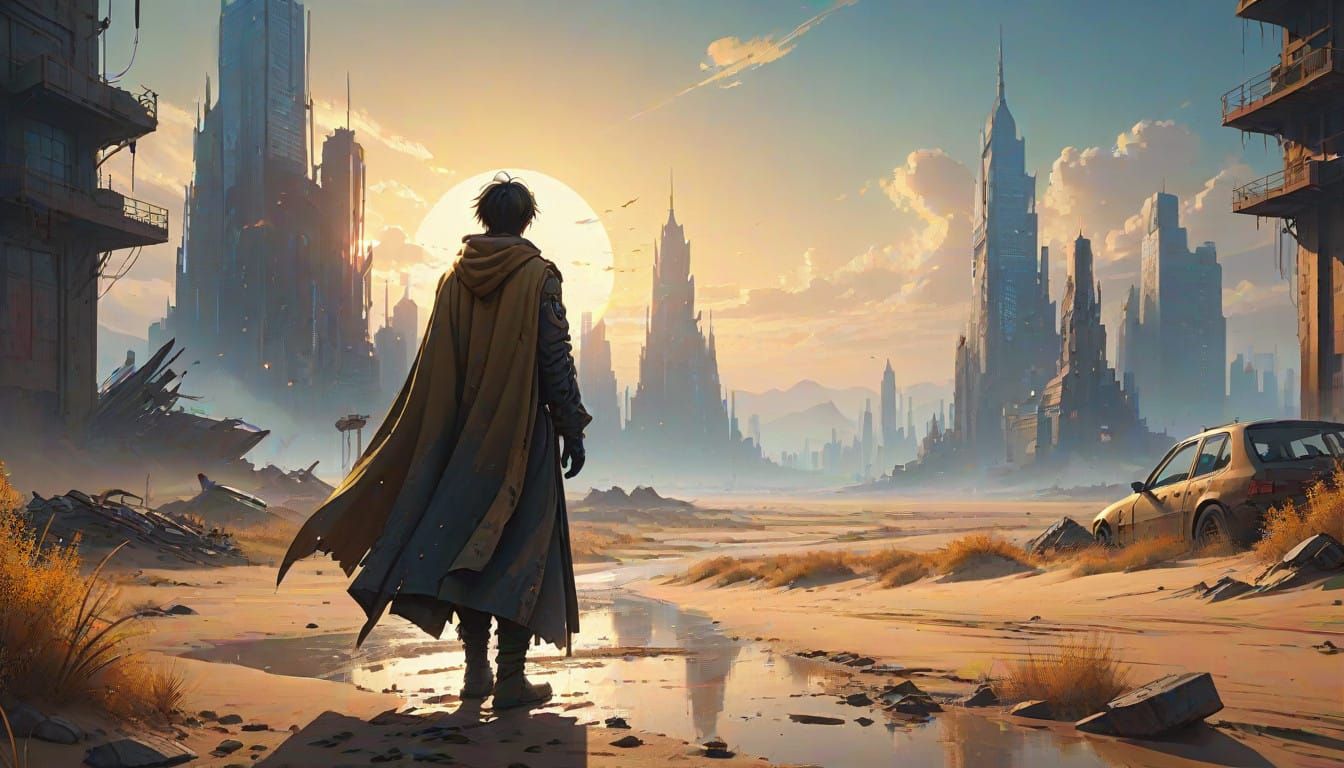 Mysterious Figure Stands Firm in Golden Desert Landscape wit...