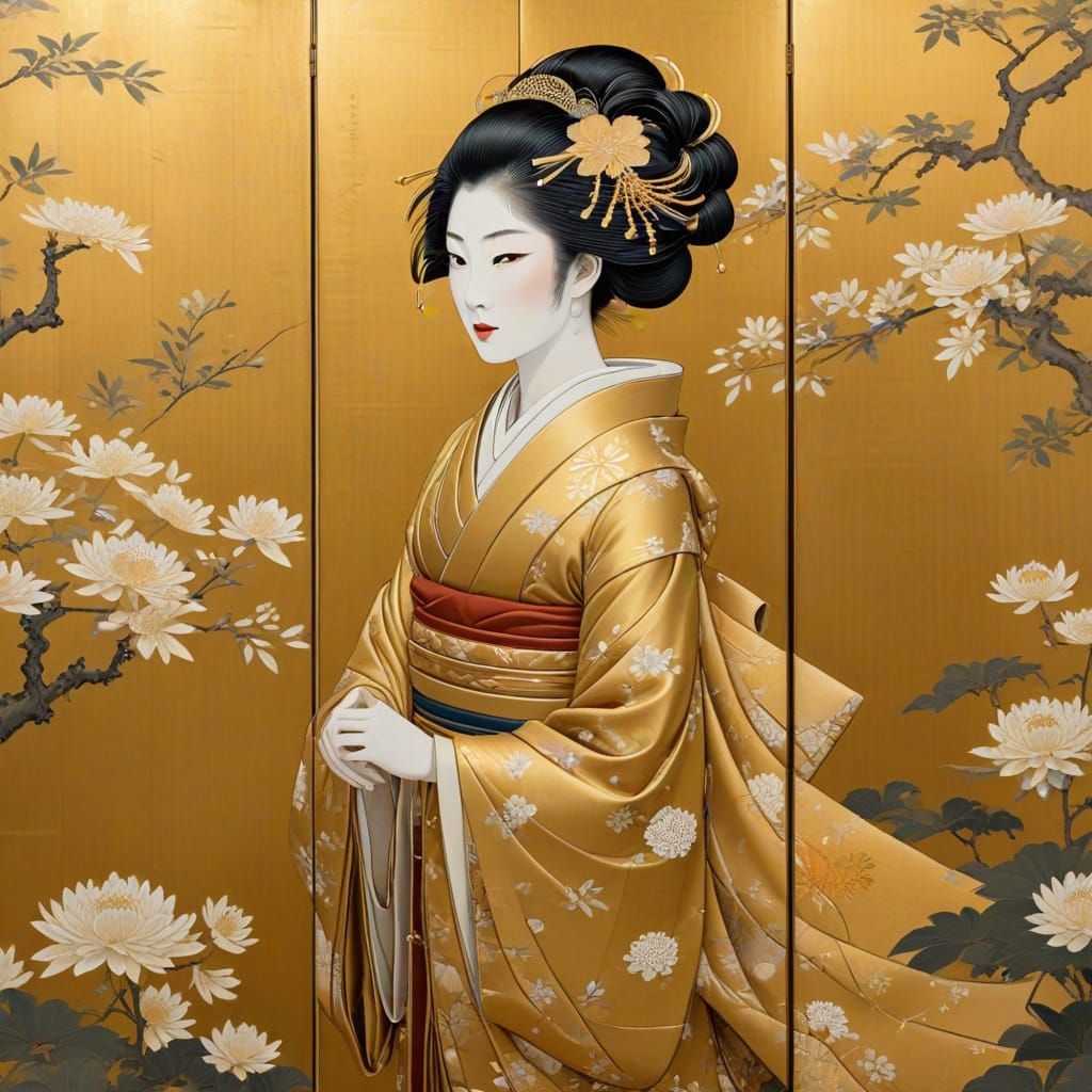 Geisha in Golden Kimono, Ukiyo-e Style
