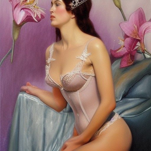 Queen of France in Lily Lingerie, Oil Painting