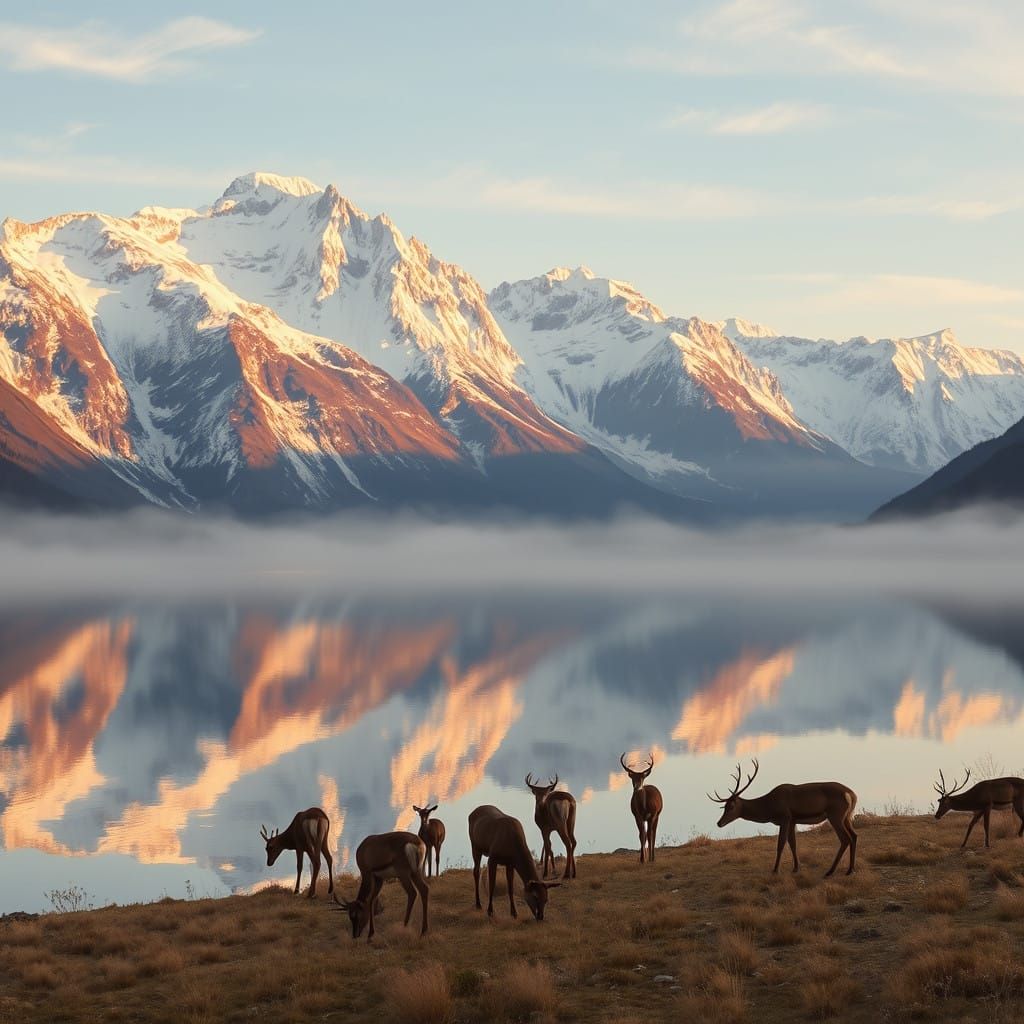 Majestic Mountain Range at Dawn with Snow-Covered Peaks