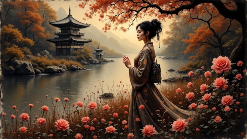 Elegant Japanese Woman in Rose Robe at Matsushima Rikyu