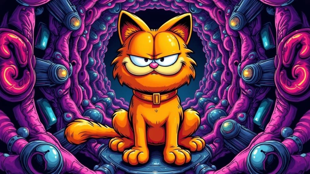 Garfield in Kaleidoscopic Cyberpunk Dreamscape