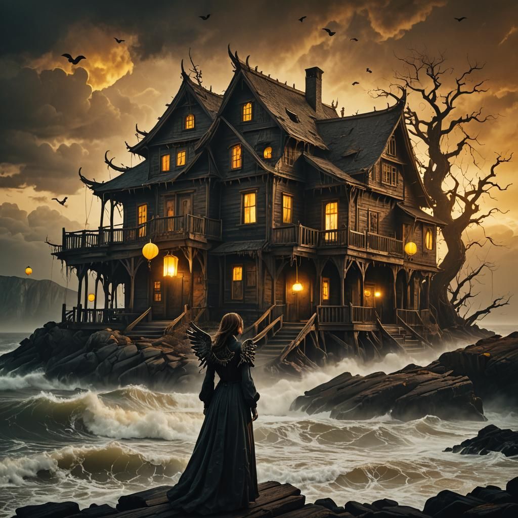 Angel of Death at Haunted House: Dark Fantasy Landscape