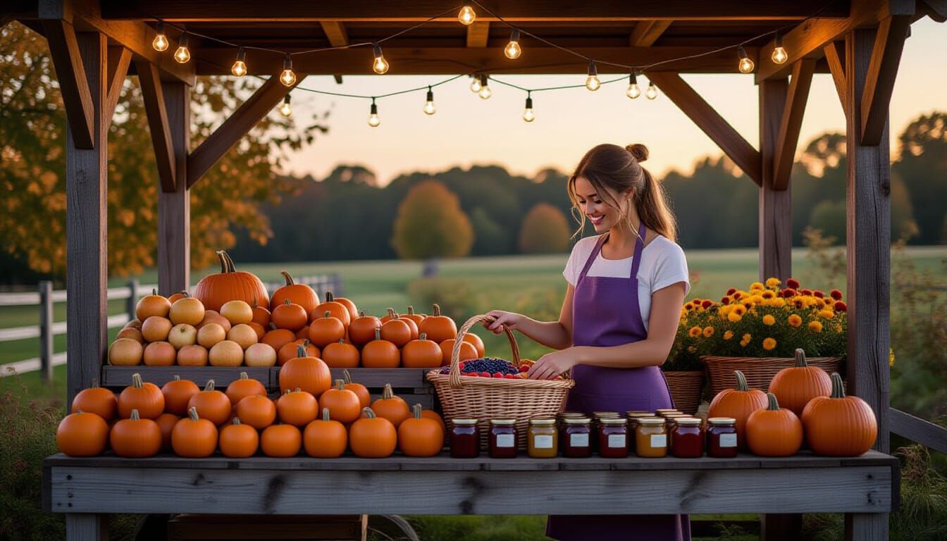 Rustic Farmstand at Dusk with Fall Harvest in Watercolor Sty...