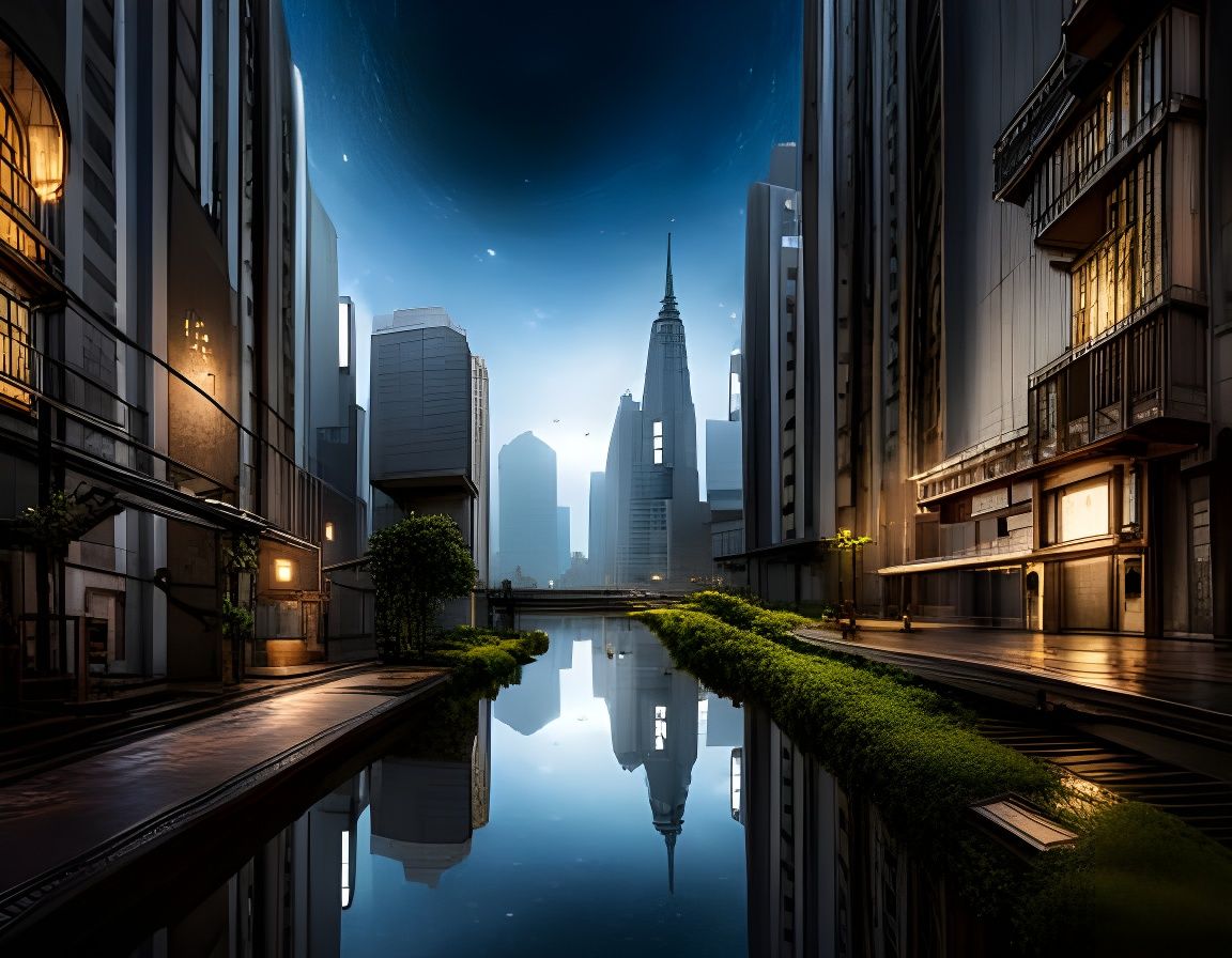 Cyberpunk City Reflects Starry Night