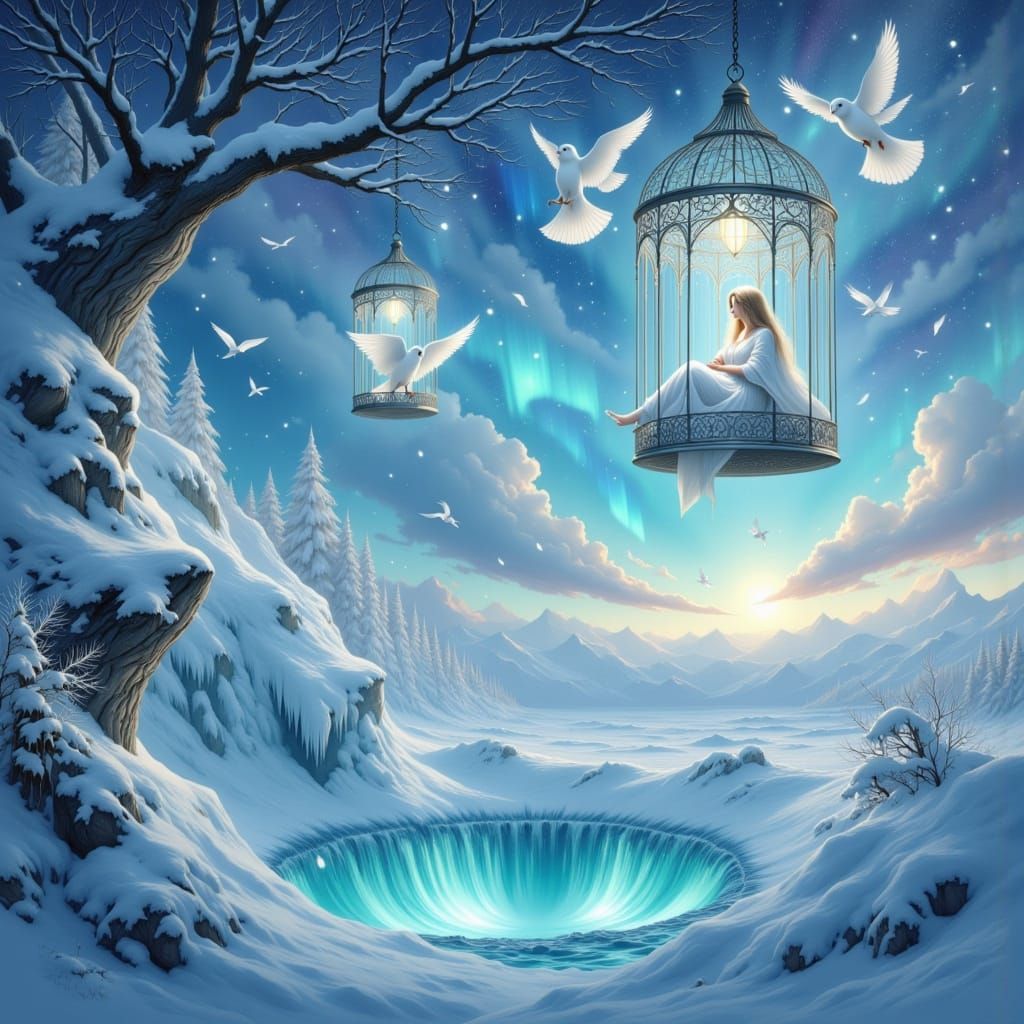 Ethereal Winter Dreamscape with Snowy Owls and Ornate Cages