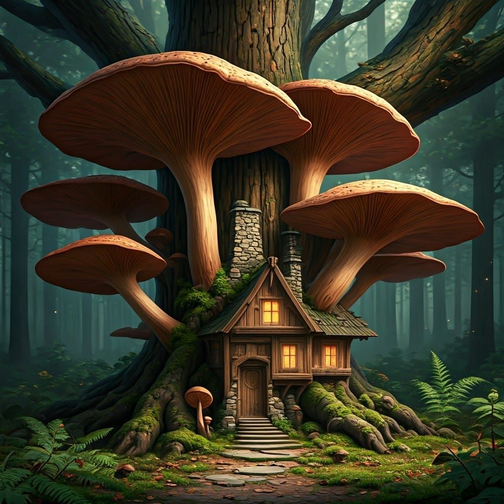 Enchanted Treehouse Amidst Giant Mushrooms