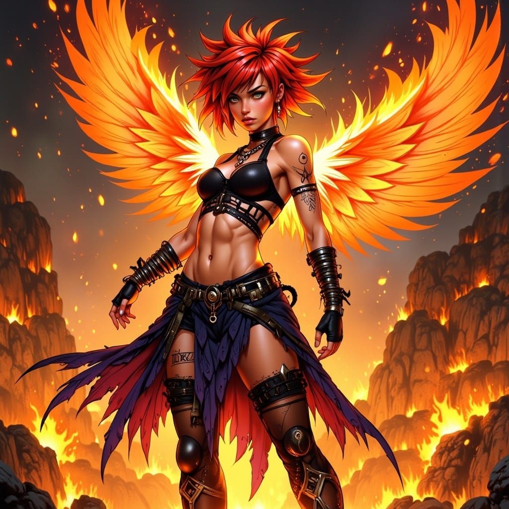 Fiery Anime Warrior Summons Phoenix in Inferno