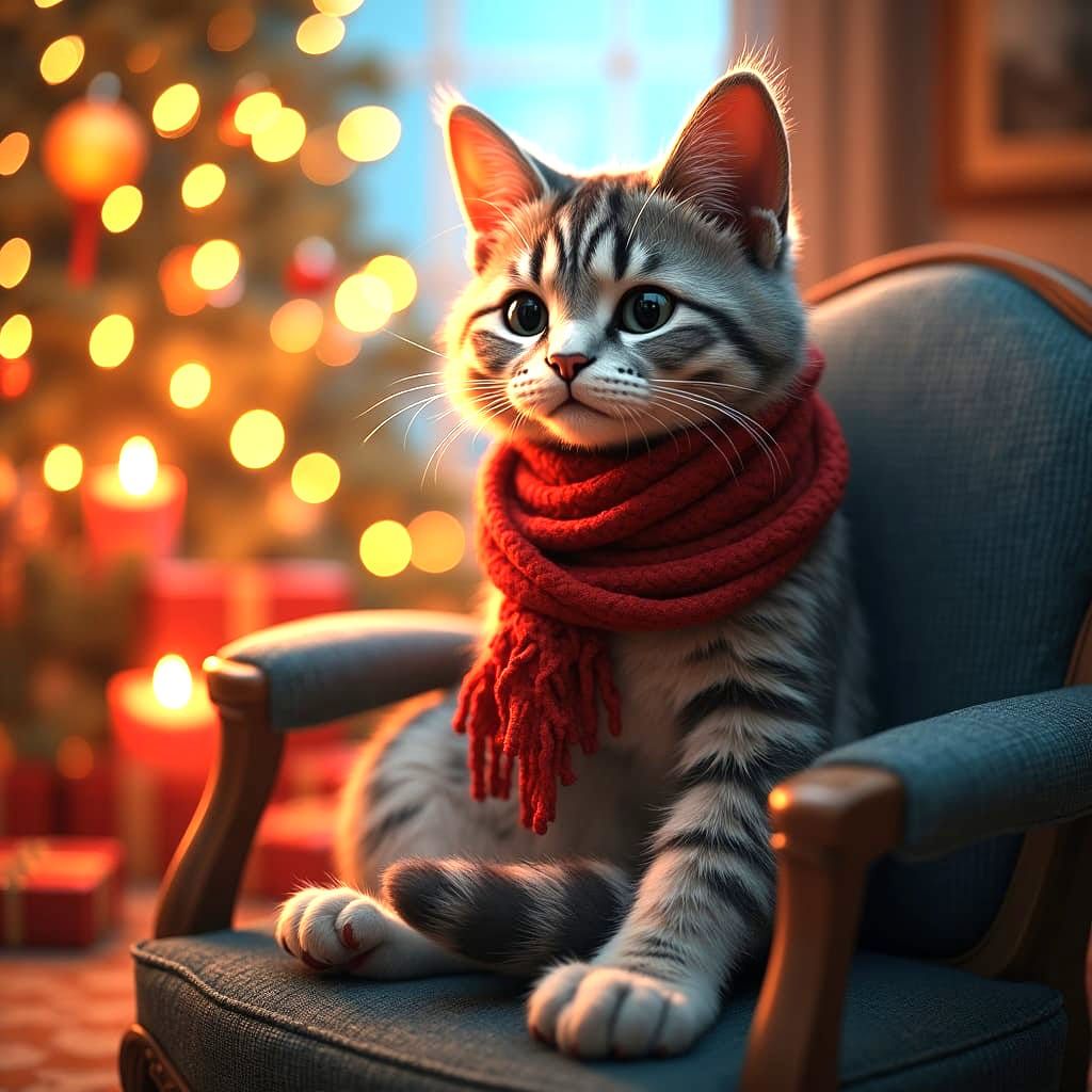 Contented Cat at Christmas Fireside in Detailed Matte Painti...