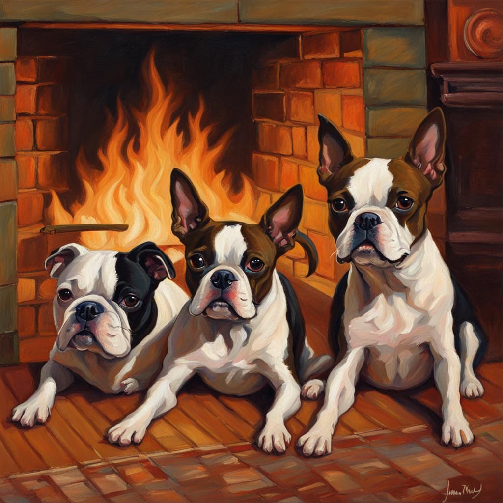 Boston Terriers Relaxing by Fireplace: Oil Painting