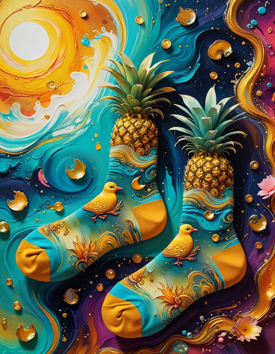 Surrealist Socks with Pineapple Ducks in Neon Colors