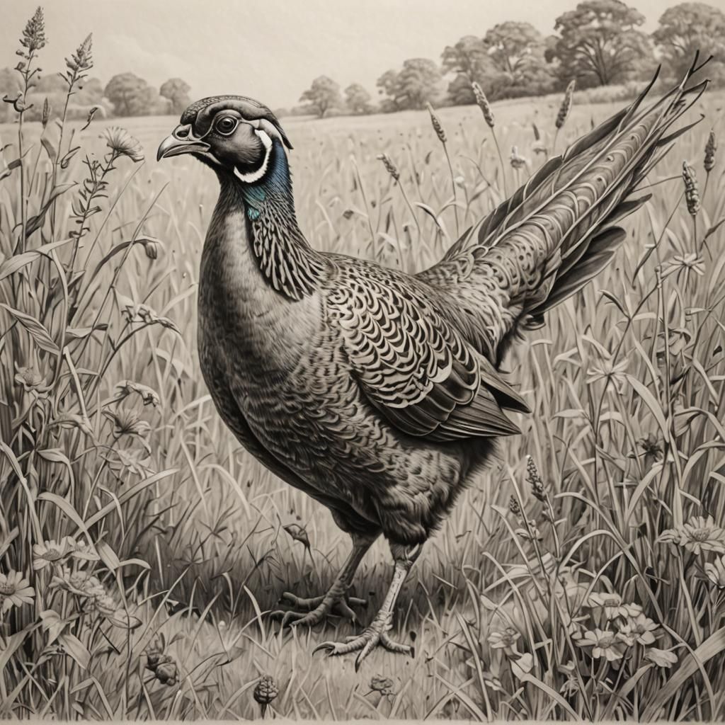 Detailed Pencil Sketch of Pheasant in Meadow