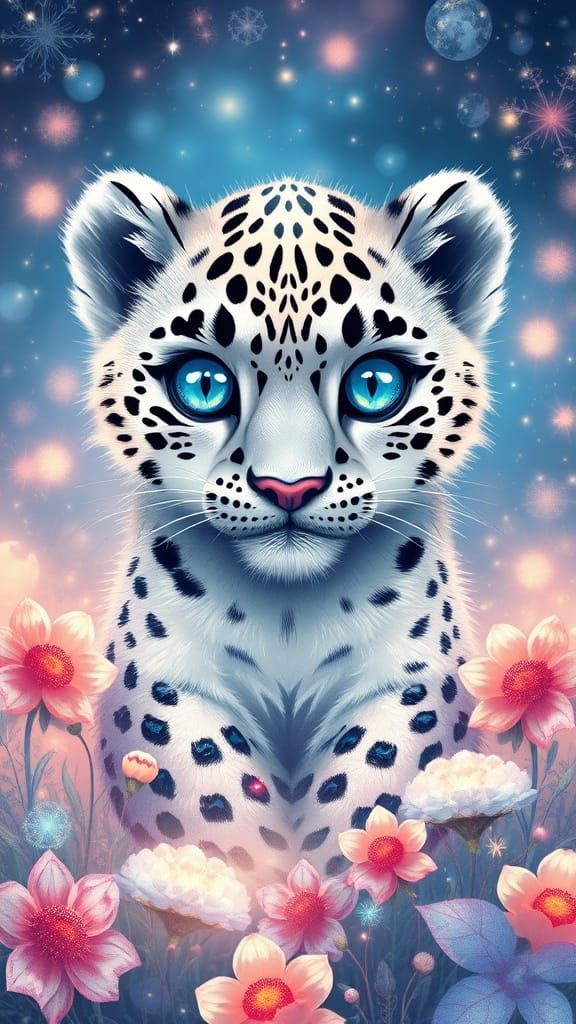 Whimsical Snow Leopard Cub in a Fantastical Floral Realm