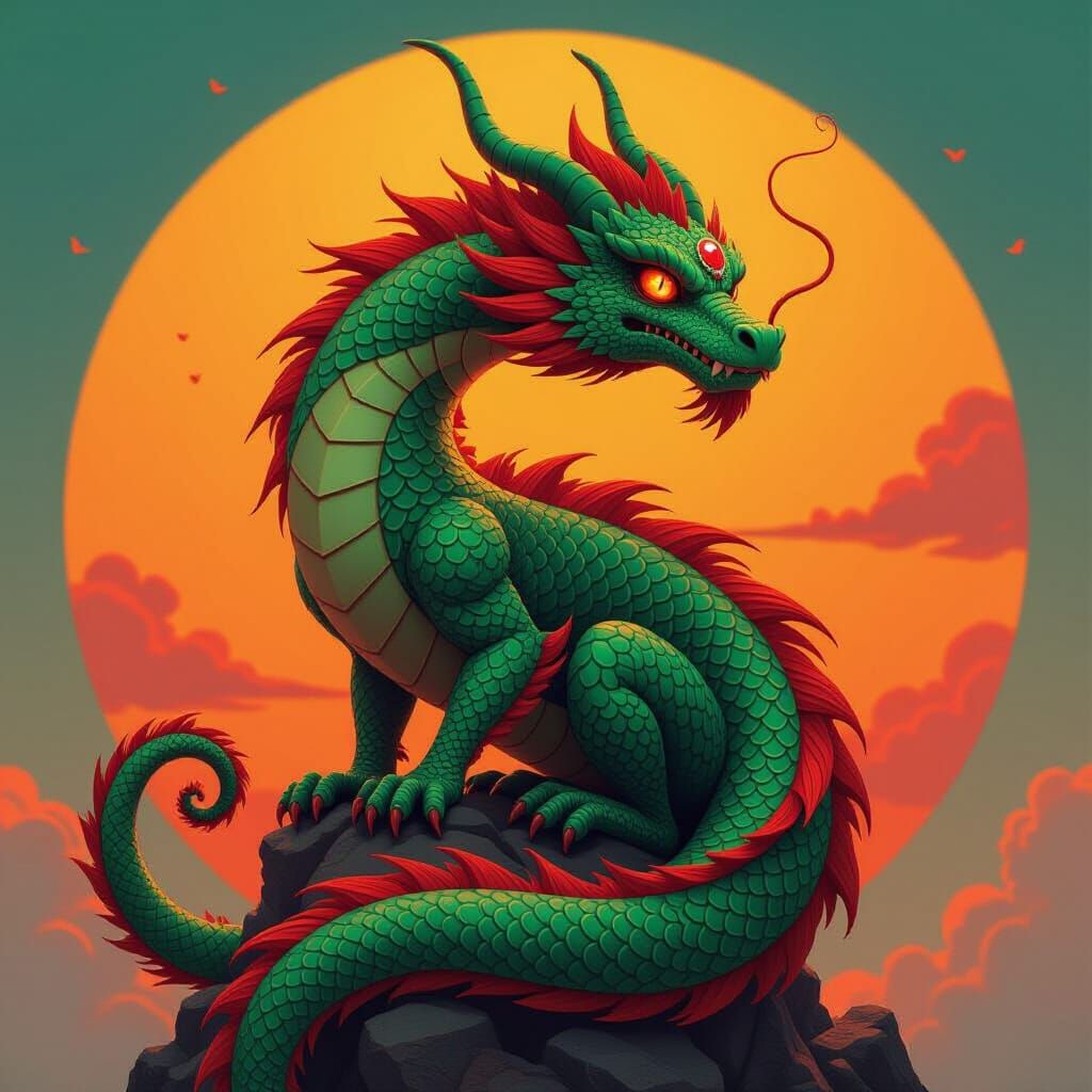 Majestic Green Dragon with Ruby Eyes, Digital Art