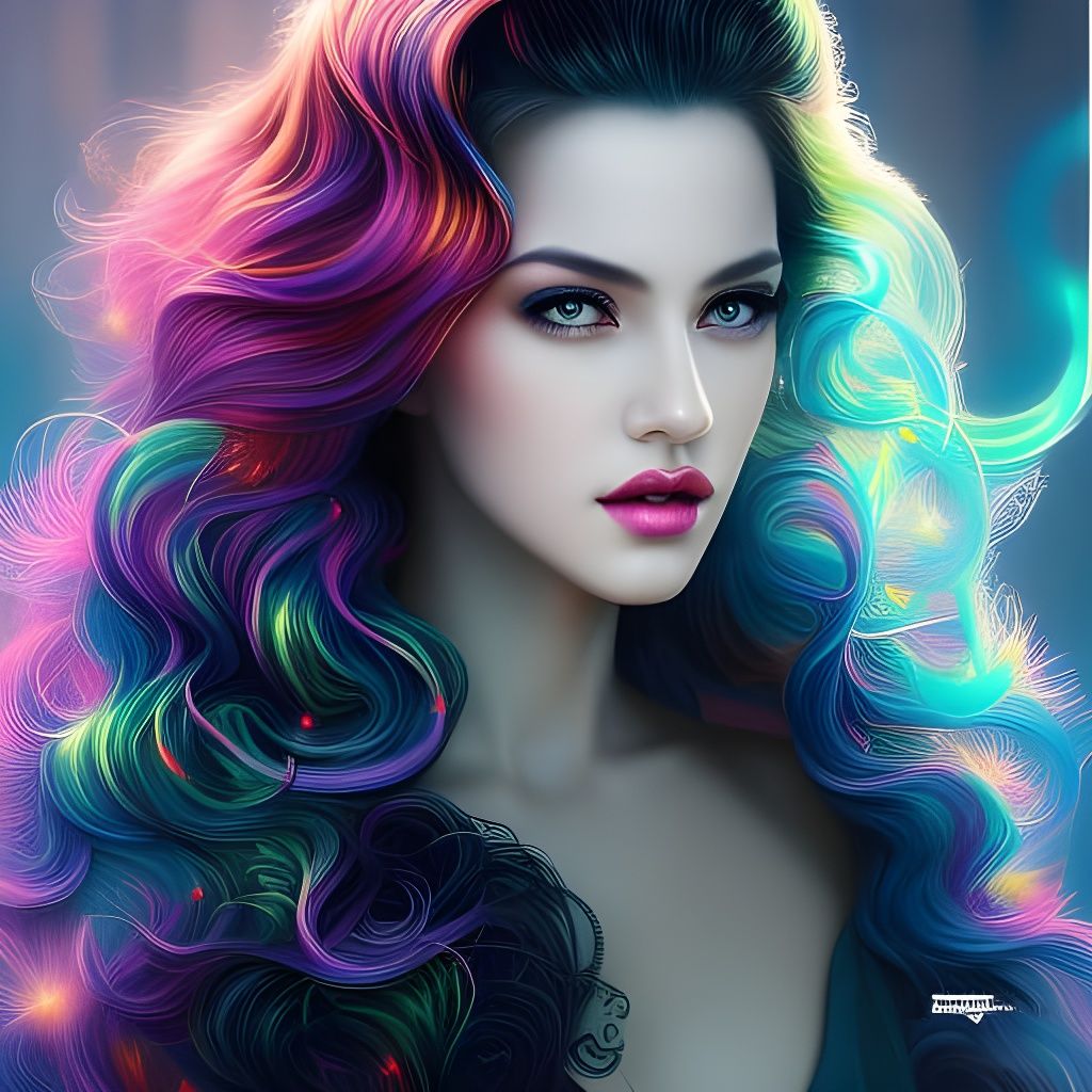 Neon Haired Girl in Noir Digital Painting