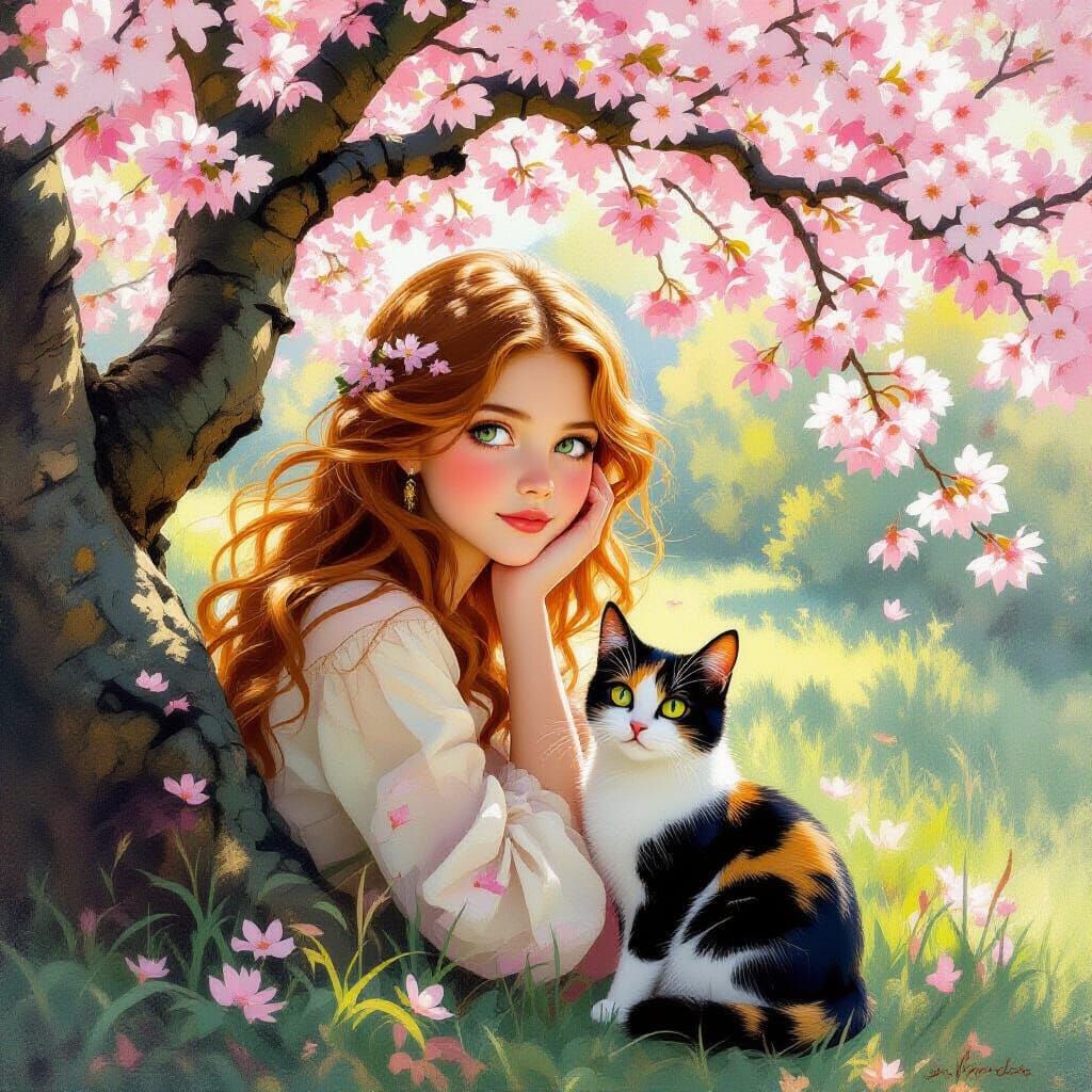 Jugendstil Girl & Calico Cat in Blossom Tree