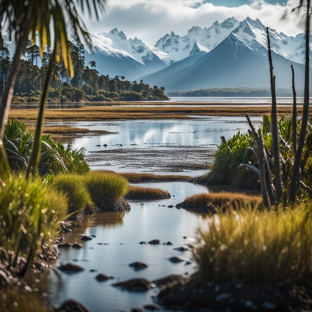 Coastal Marsh and Jungle View with Mountains