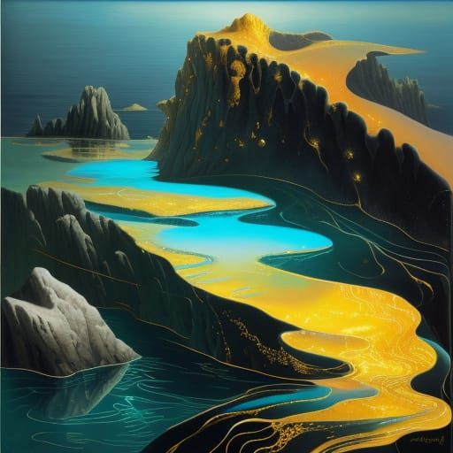 Surreal Bioluminescent Liquid Gold Cascade