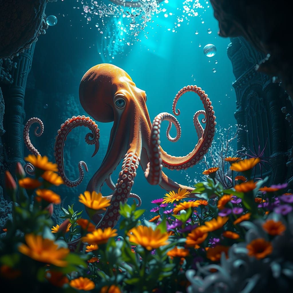 Whimsical Octopus's Garden Scene in Vibrant Triadic Colors