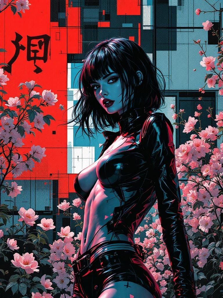 Cyberpunk Fusion: Mondrian Figure in Cherry Blossom Garden