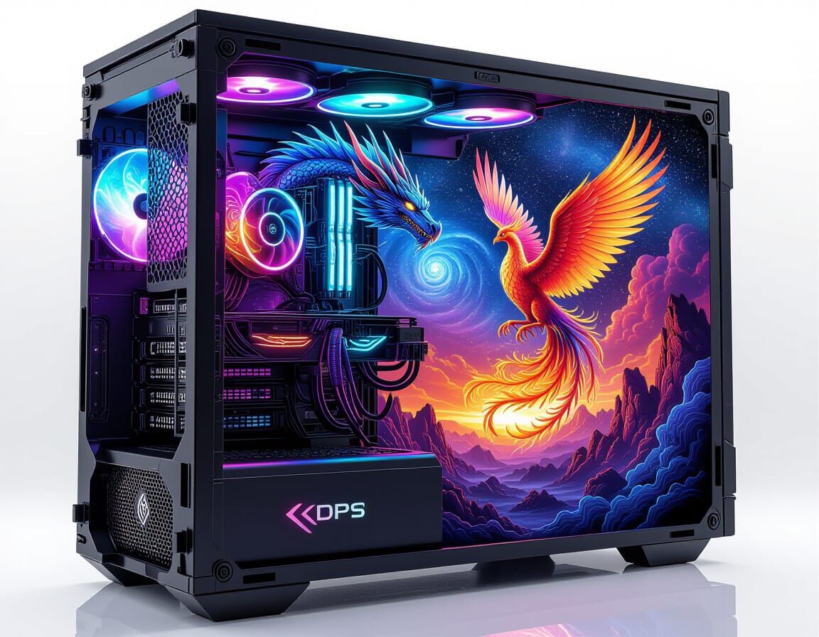 Dragon and Phoenix Airbrush Mural on Computer Case