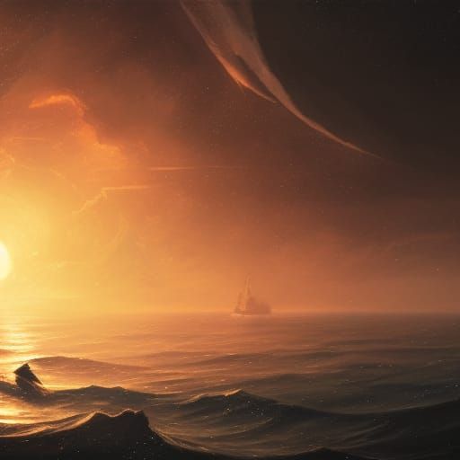 Ocean Sunset Boat Amid Galaxy in Dark Fantasy Art