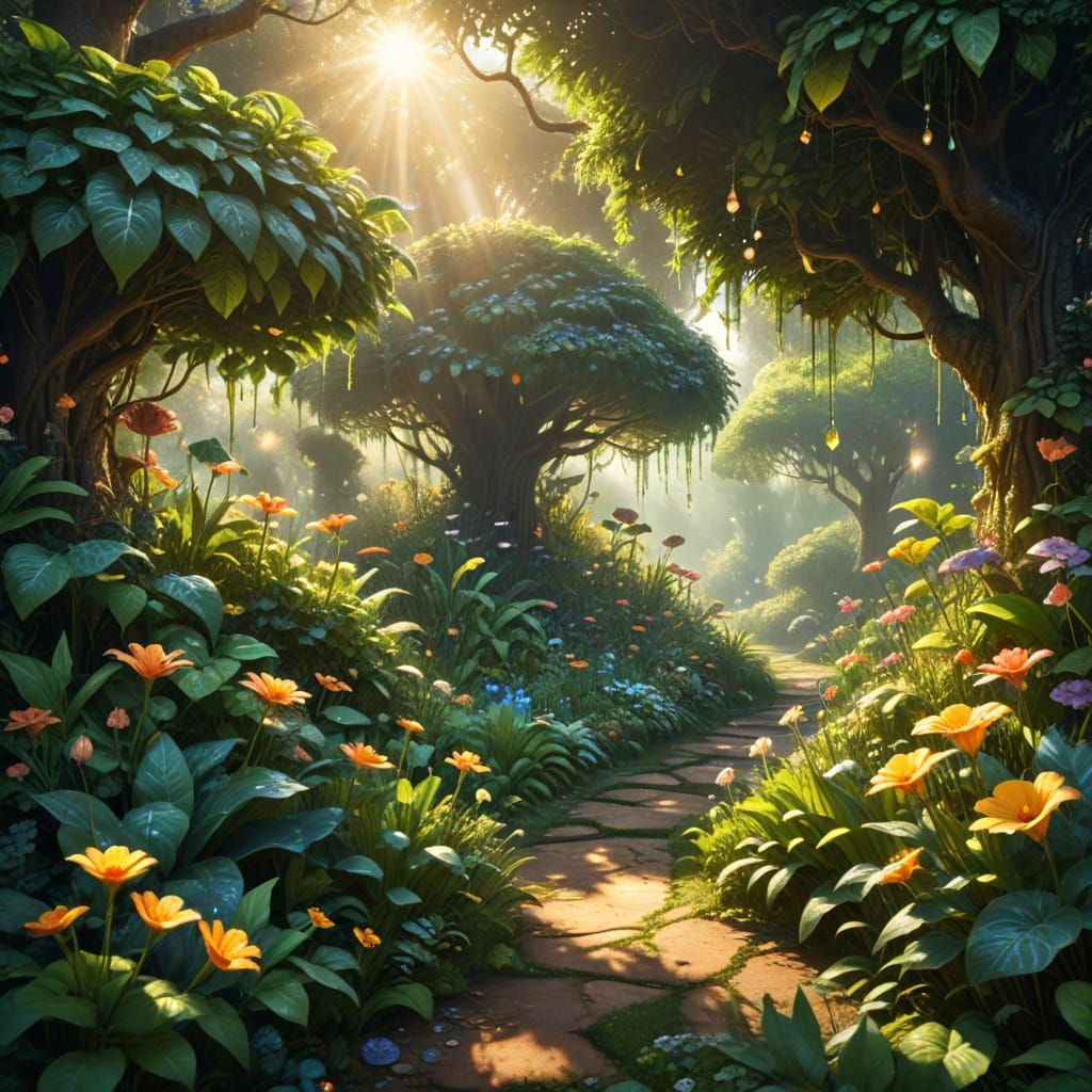 Vast Sunlit Garden in Golden Hour Light