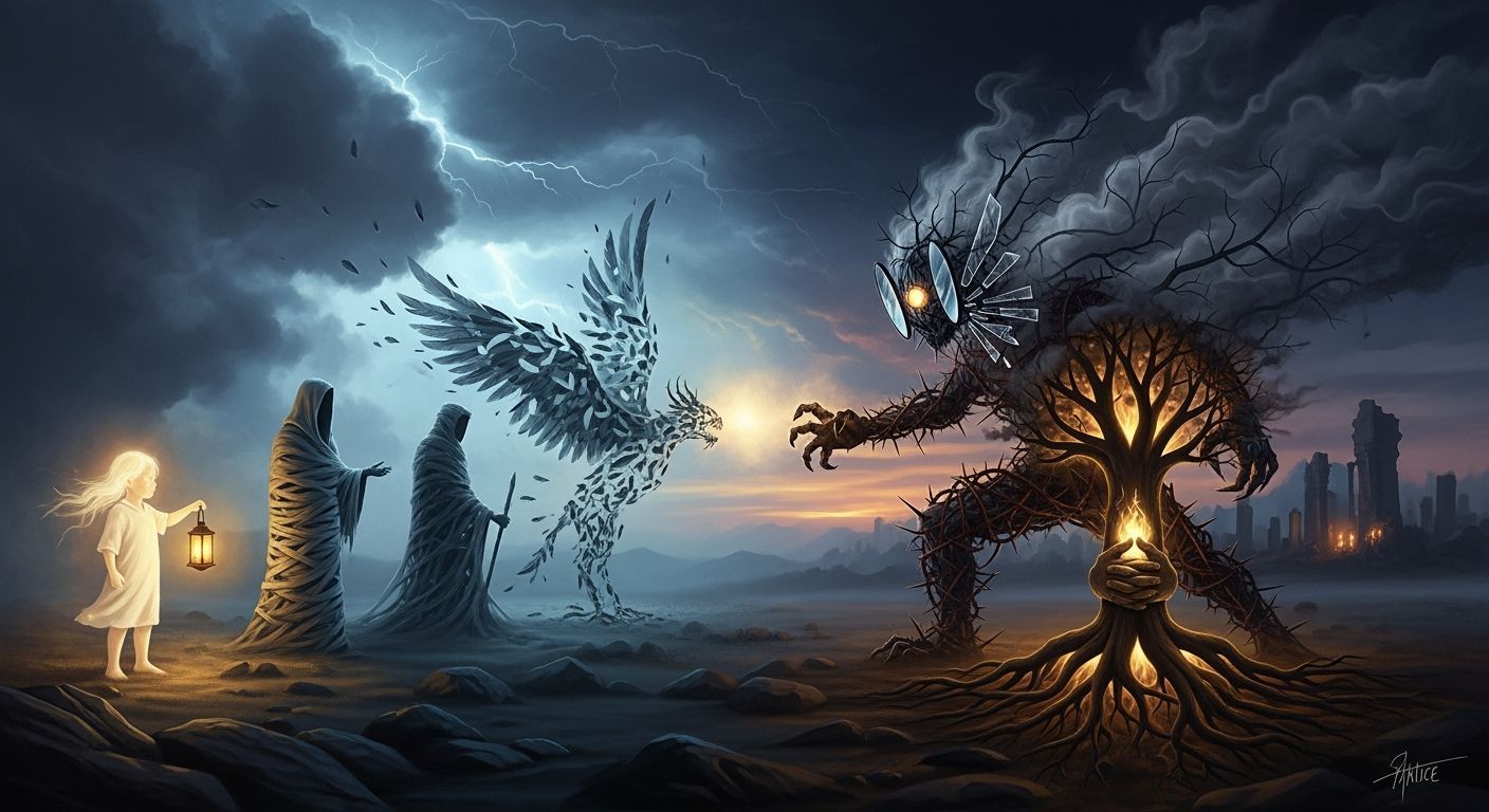 Virtue Confronts Malice in Surreal Twilight Battlefield