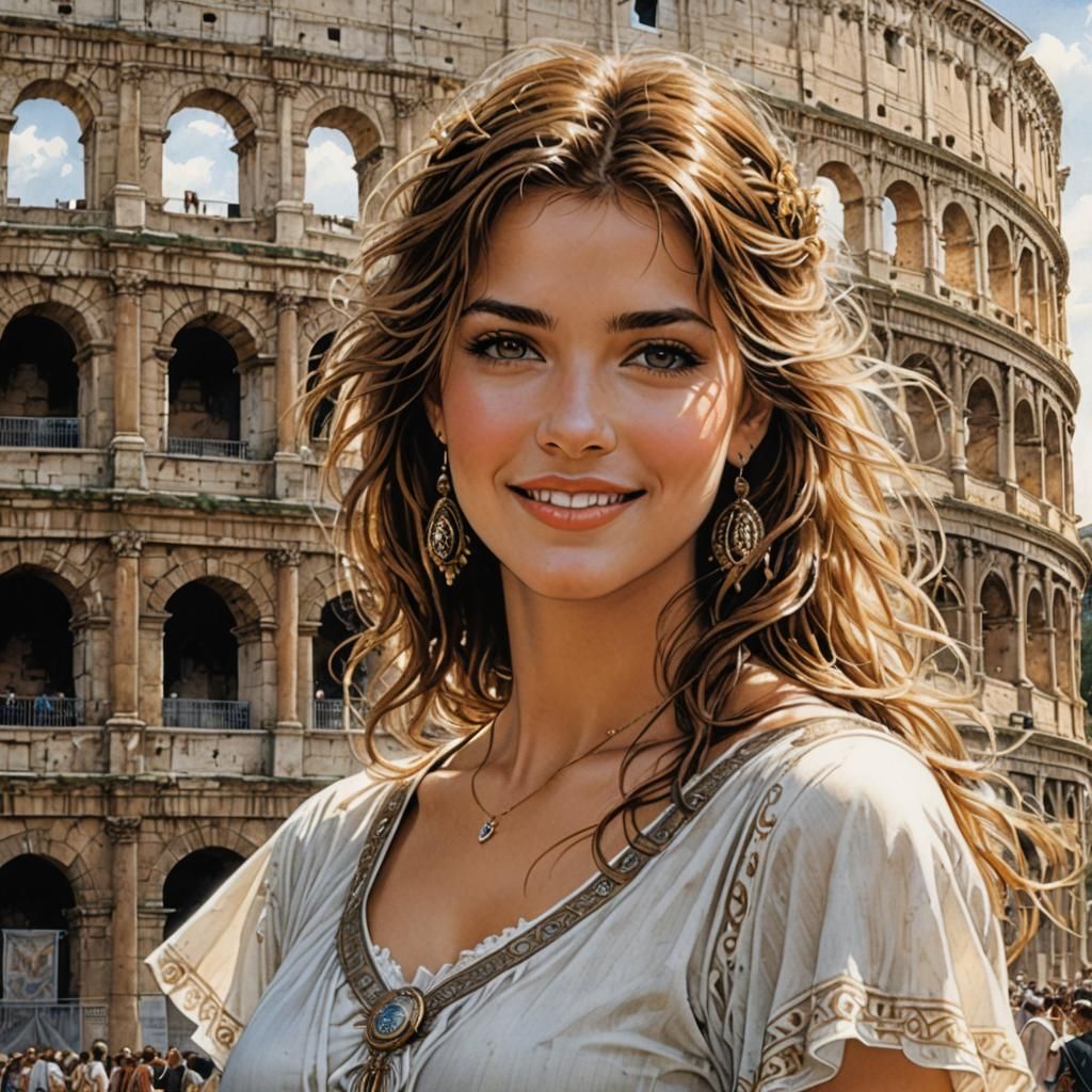 Smiling Woman at Colosseum, Fantasy Art Illustration