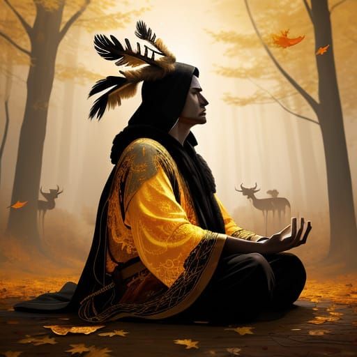 Native Spirit Guide Meditation in Autumn Forest Double Expos...