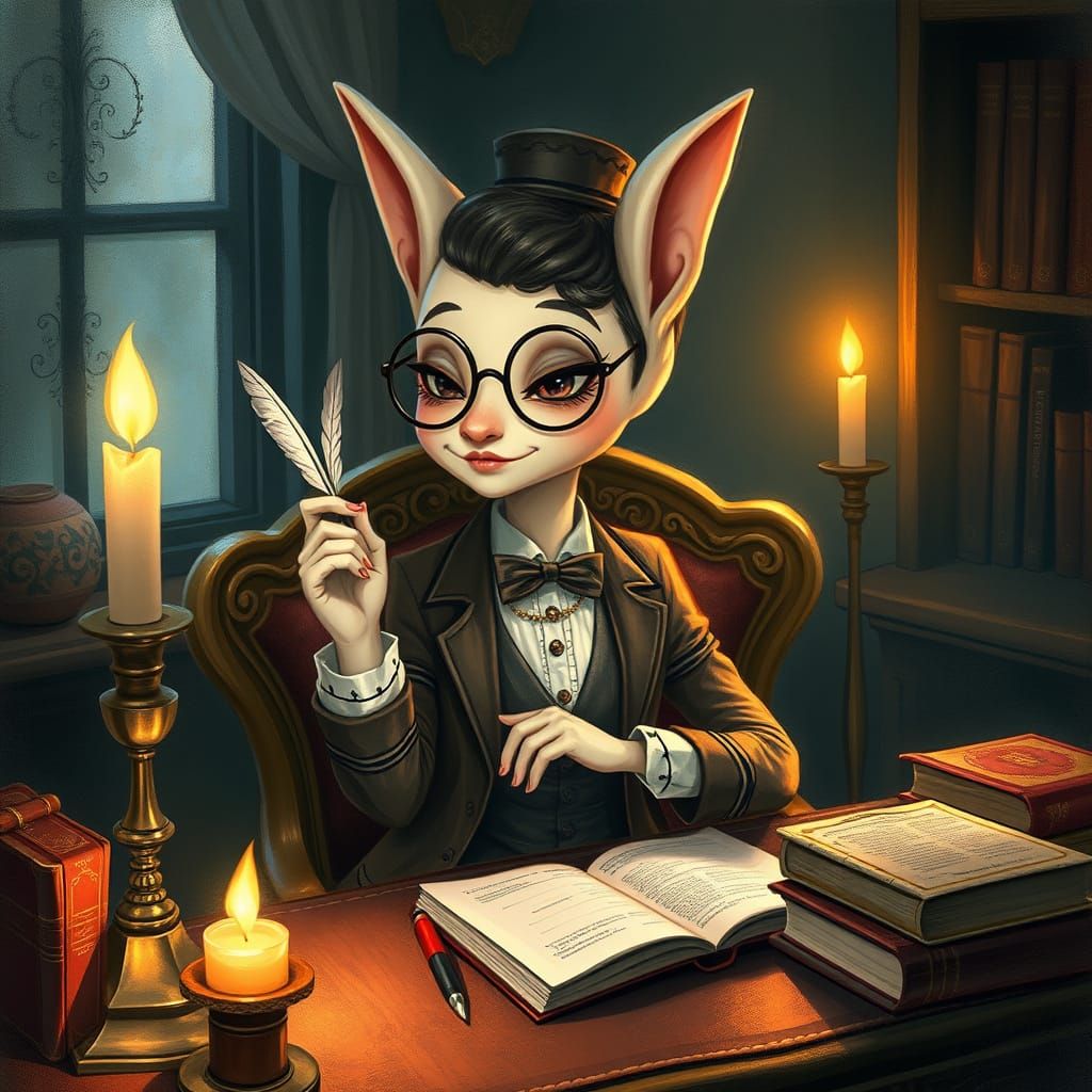 Anthropomorphic Woman Writes Letter by Candlelight