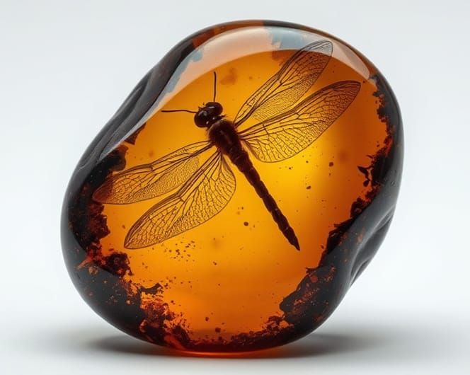 Dragonfly Fossil Encased in Amber Stone