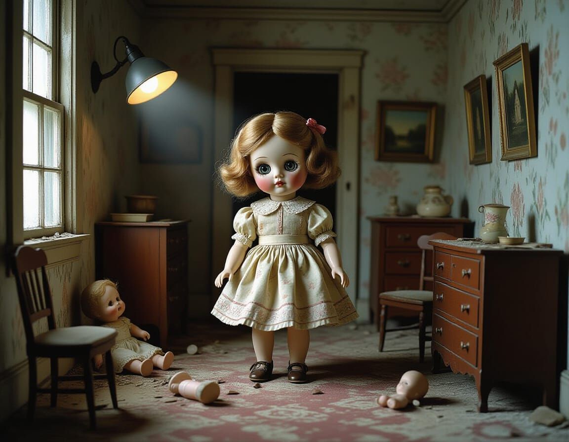 Eerie Porcelain Doll in Dilapidated Dollhouse