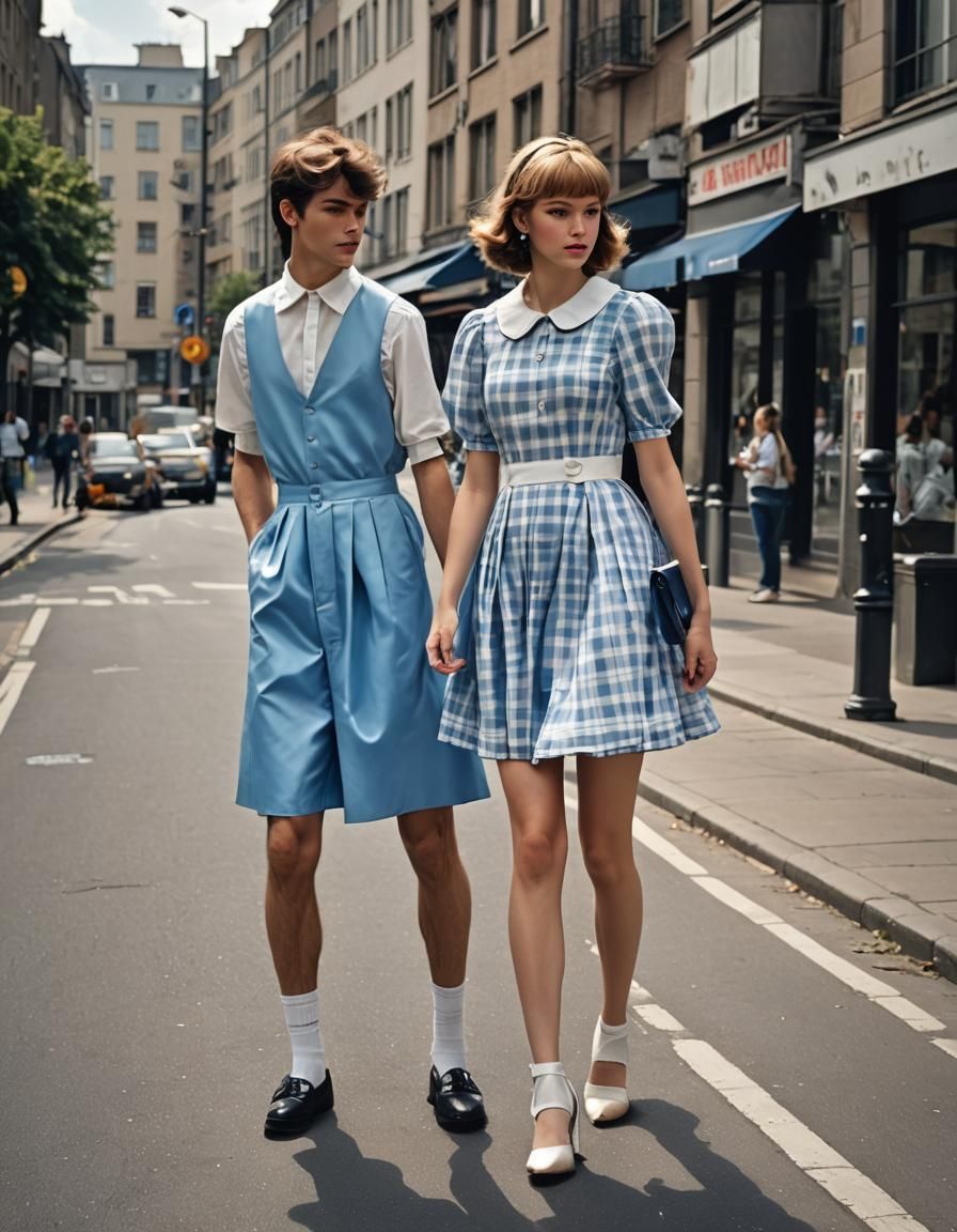 Crossdressing Teenager Battles Wind in City Street Photo